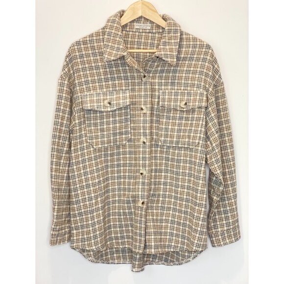 Paper Crane Women's Flannel Shirt Shacket Size Large Neutral Classic h59 - Picture 1 of 15